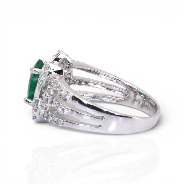 2.05 Carat IGI Certified Emerald And Natural Diamond 18K White Gold Cluster Ring