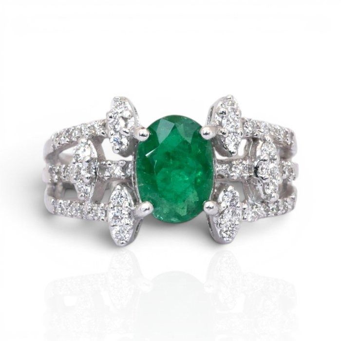 2.05 Carat IGI Certified Emerald And Natural Diamond 18K White Gold Cluster Ring
