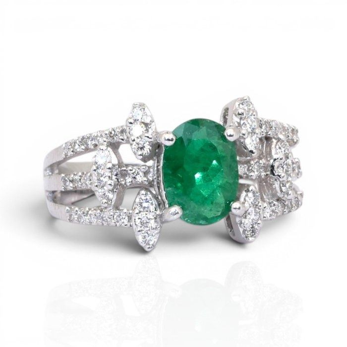 2.05 Carat IGI Certified Emerald And Natural Diamond 18K White Gold Cluster Ring