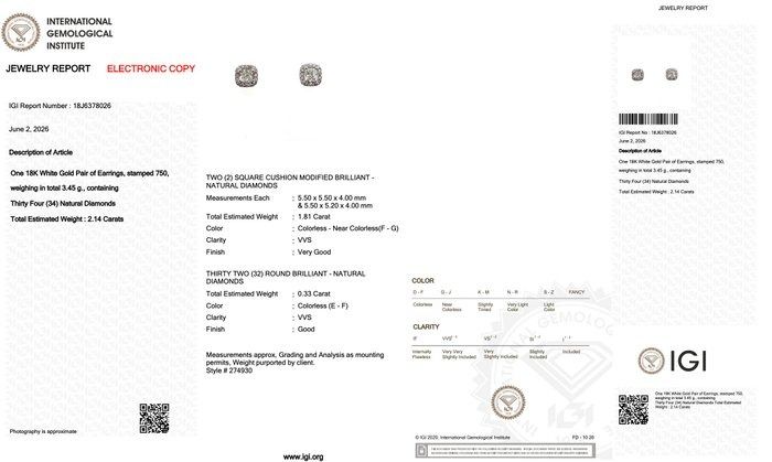 2.14 Carats IGI Certified Natural Diamond 18k White Gold Stud Earrings