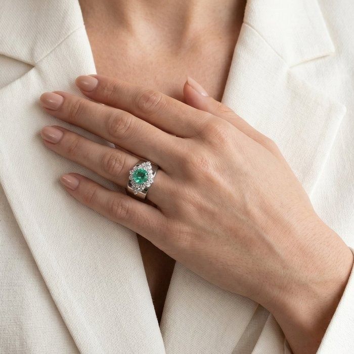 2.18 Carat IGI Certified Emerald And Natural Diamond 14K White Gold Cocktail Ring