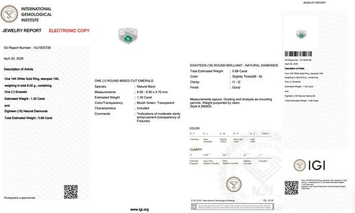 2.18 Carat IGI Certified Emerald And Natural Diamond 14K White Gold Cocktail Ring
