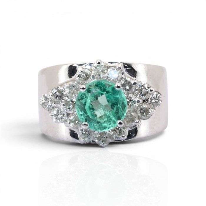 2.18 Carat IGI Certified Emerald And Natural Diamond 14K White Gold Cocktail Ring