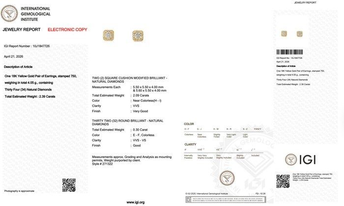 2.39 Carat IGI Certified Natural Diamond 18K Yellow Gold Stud Earrings