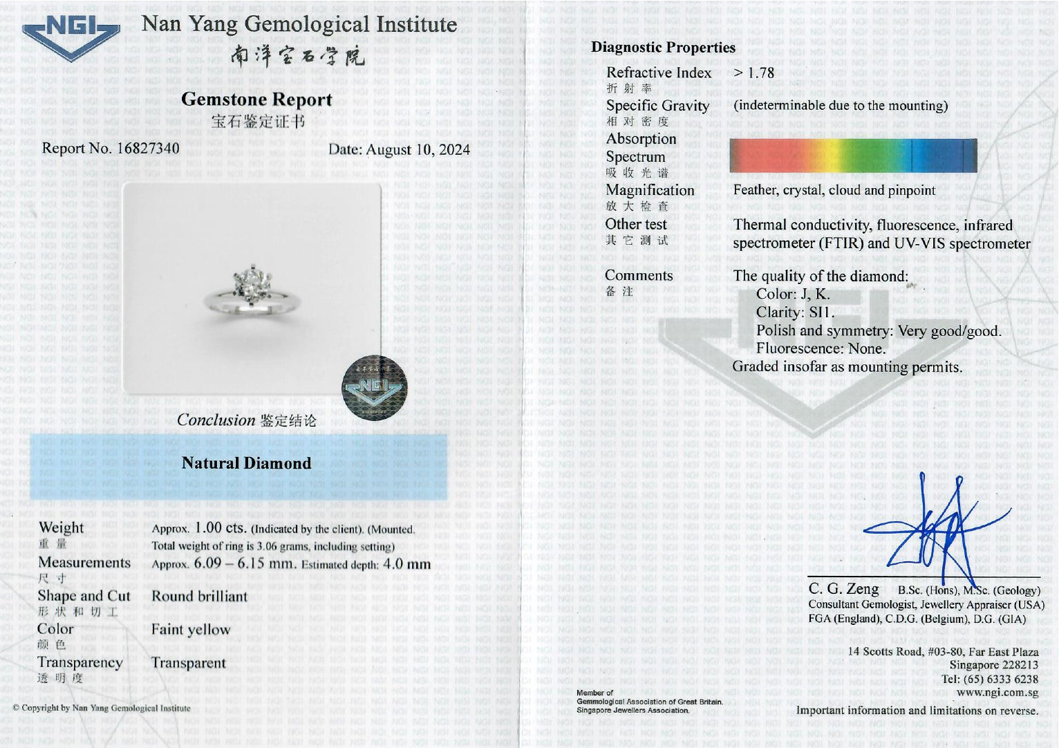 Pristine 1ct Natural Diamond 18K White Gold Solitaire Ring (New-Unworn) - NGI Certified