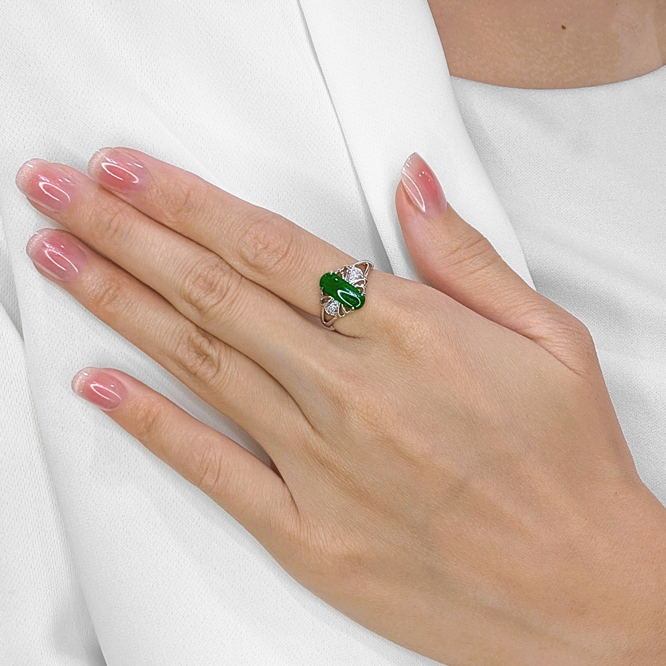 Elegant Green Jade & 0.03ct Natural Diamond Ring in 18K White Gold