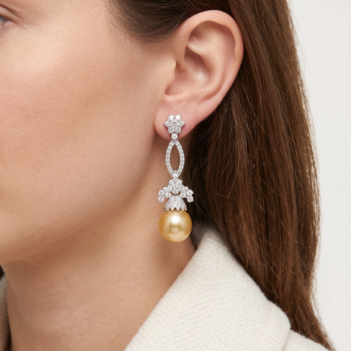 Magnificent 32.09ct Salt Water Pearl and Diamonds Drop Earrings in 14k White Gold - IGI Certified