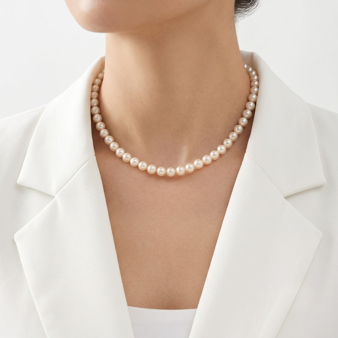 Lustrous 5.5mm Peach Pearl Strand Necklace in 14K Yellow Gold