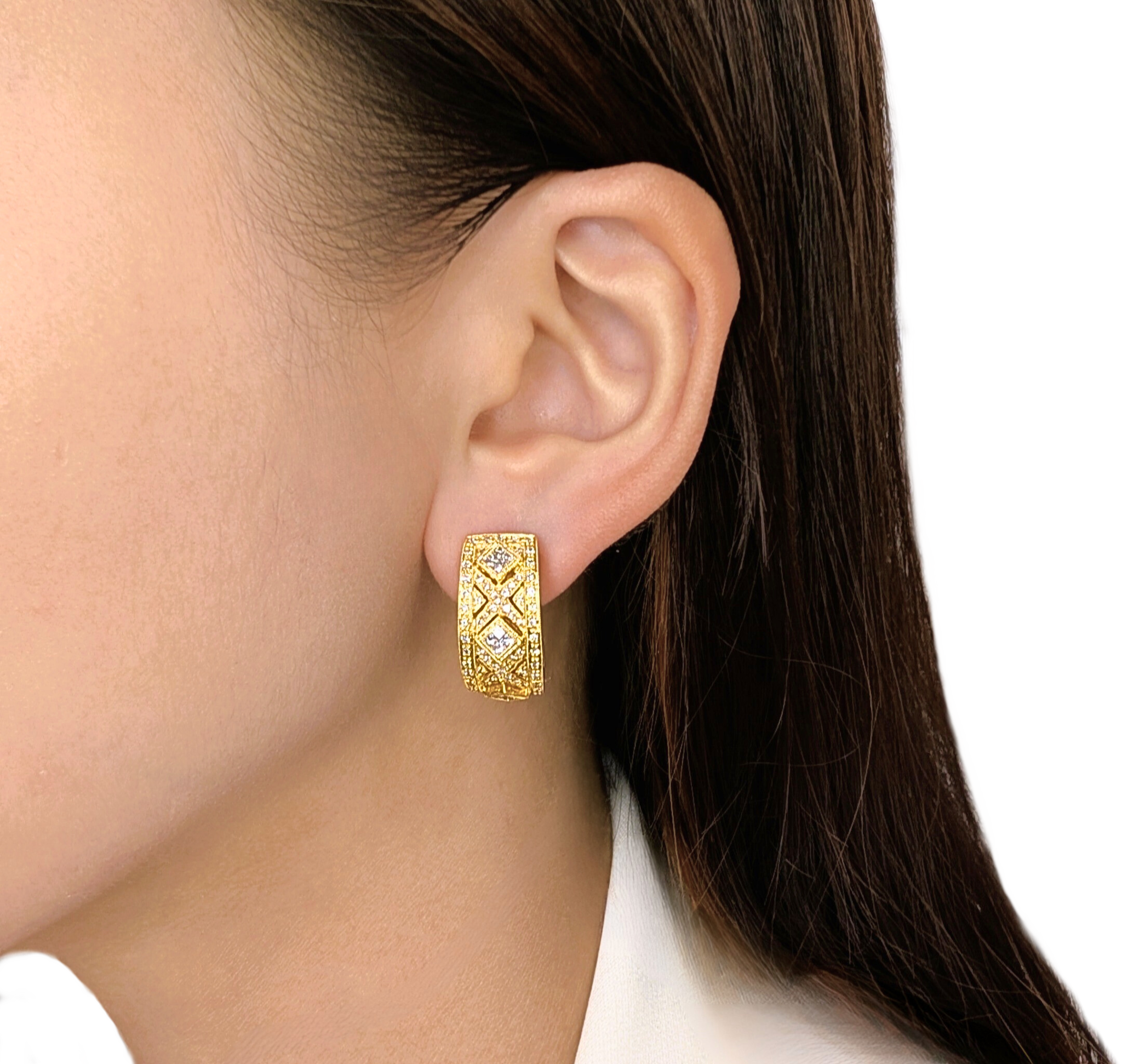 Ornate 1.15ct Geometric Semi-Hoop Natural Diamond Earrings in 18K Yellow Gold