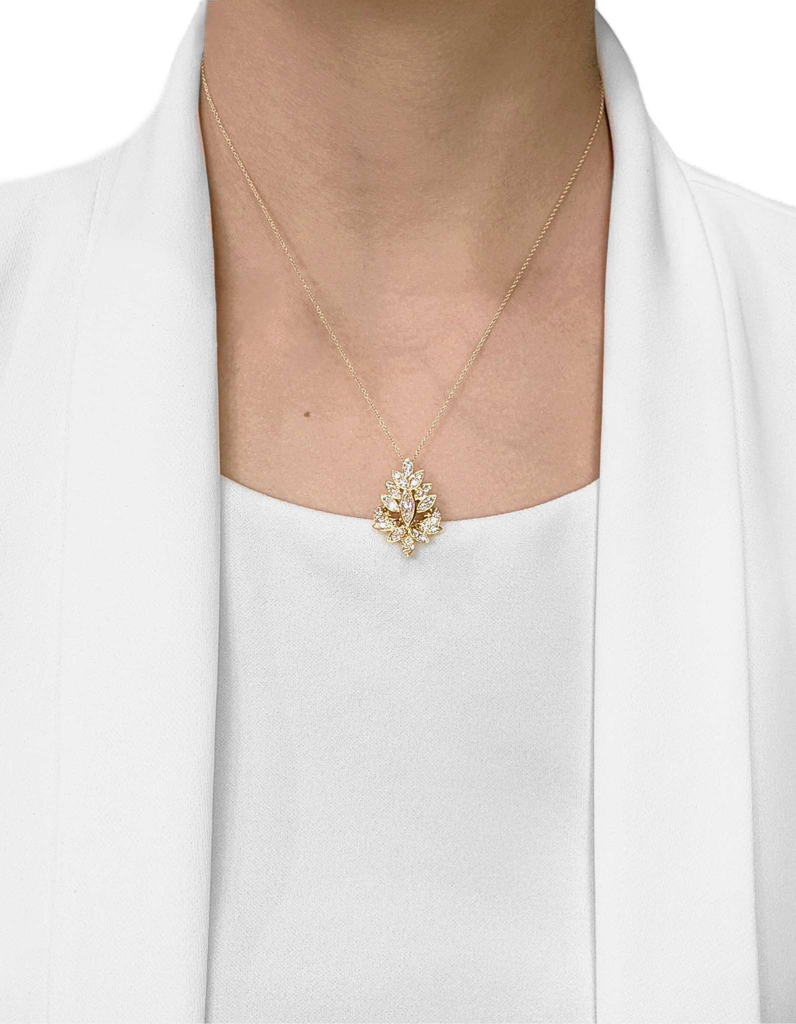 Ornate 0.91ct Leaf-Motif Natural Diamond Pendant in 18K Yellow Gold