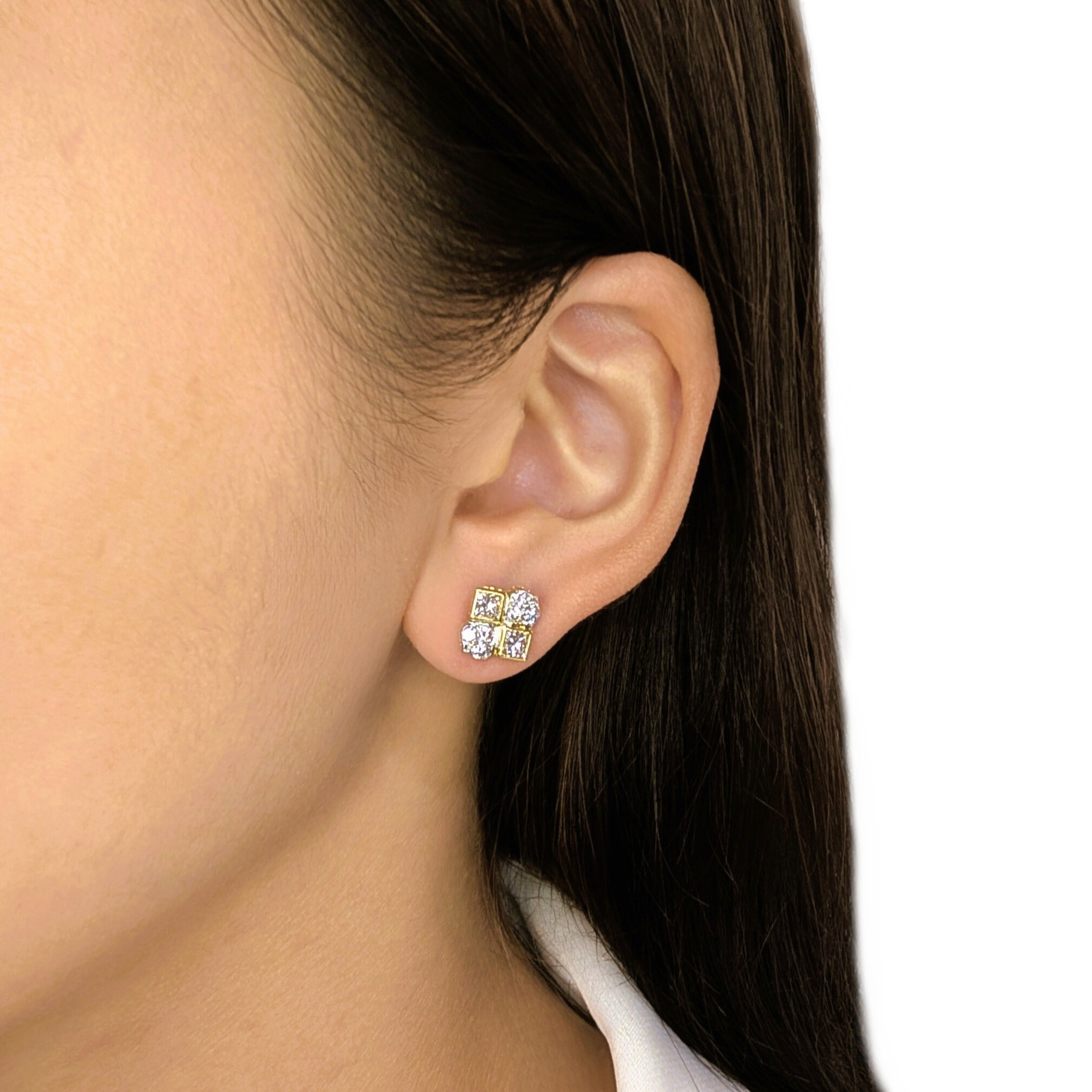 Striking 0.78ct Princess & Round Natural Diamond Earrings in 18K Two-Toned Gold