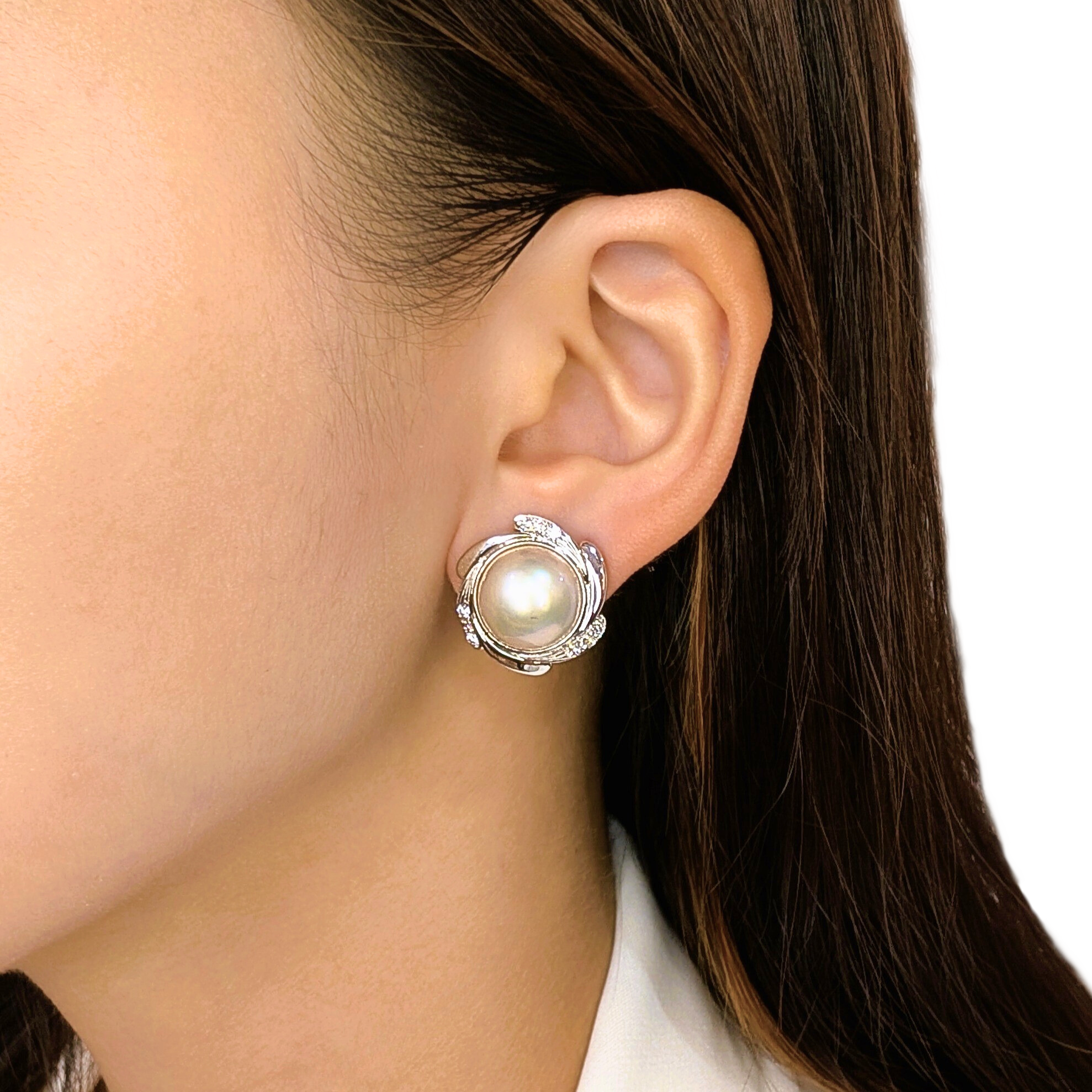 Glowing Champagne Mabe Pearl & 0.36ct Natural Diamond Earrings in 18K White Gold