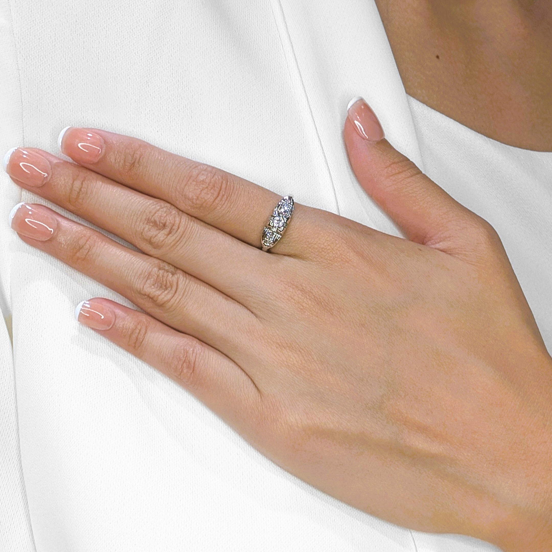 Vintage 0.35ct Three-Stone Natural Diamond Ring in 12K White Gold