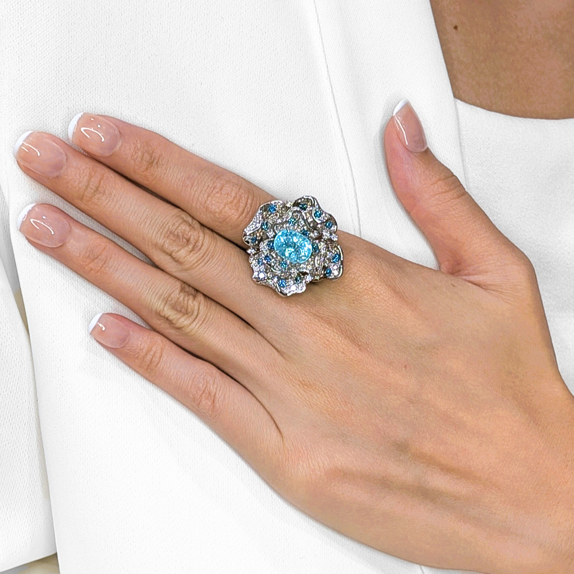 Exquisite 5.93ct Paraiba Tourmaline & Natural Diamond Floral Cocktail Ring in 18K White Gold - GIA Certified