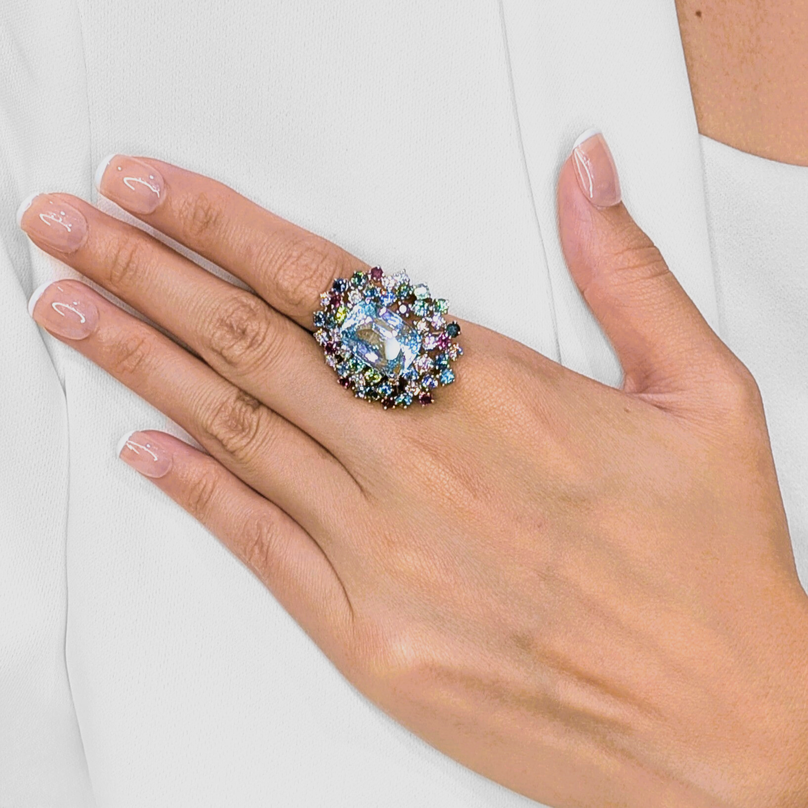 Vibrant 13.39ct Aquamarine, Natural Diamond, Sapphire & Ruby Cocktail Ring in 14K White Gold - UGL Certified