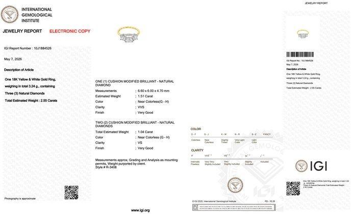 2.55 Carats IGI Certified Natural Diamond 18K Yellow and White Gold 3-Stone Ring