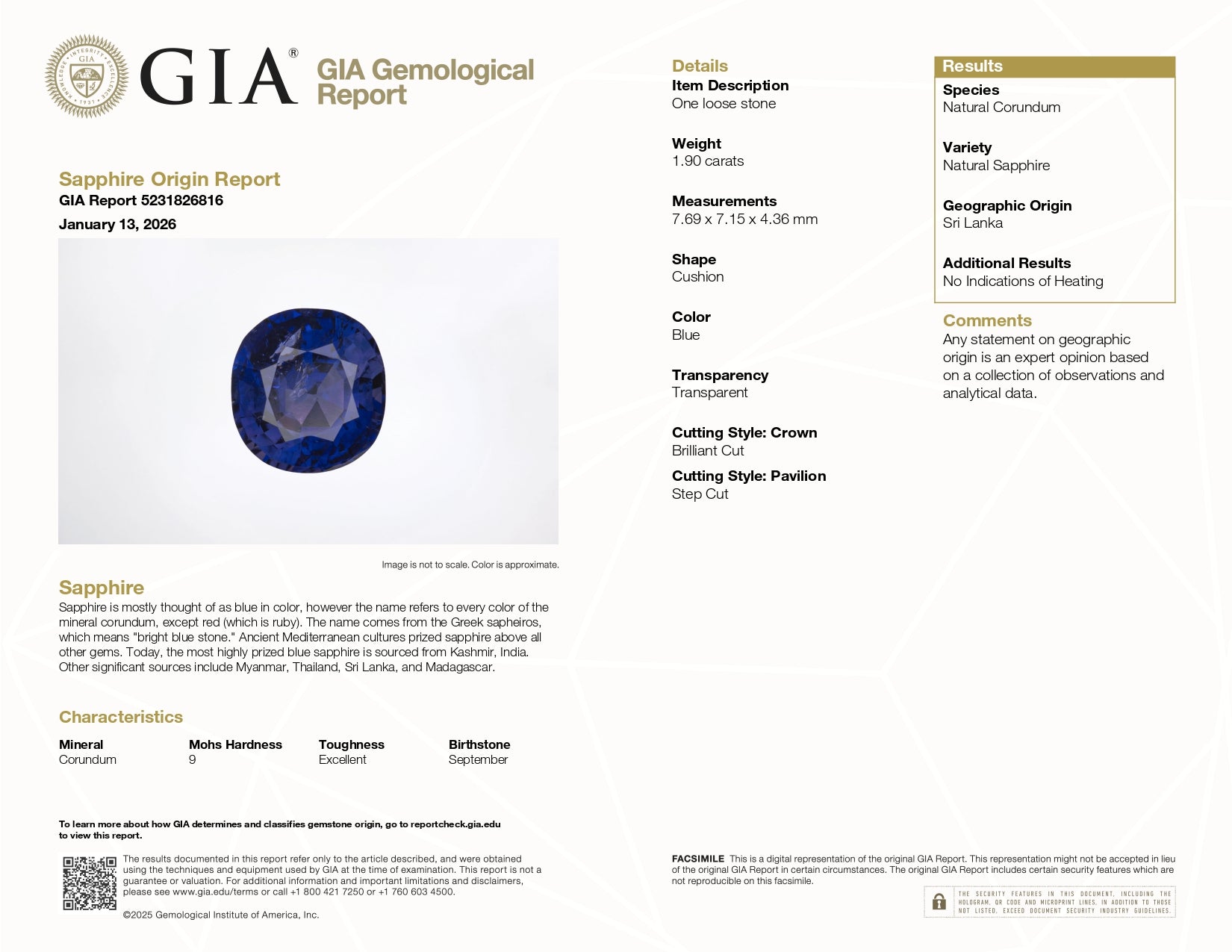 Magnificent 1.90ct Natural Unheated Blue Sapphire Loose Gemstone - GIA Certified