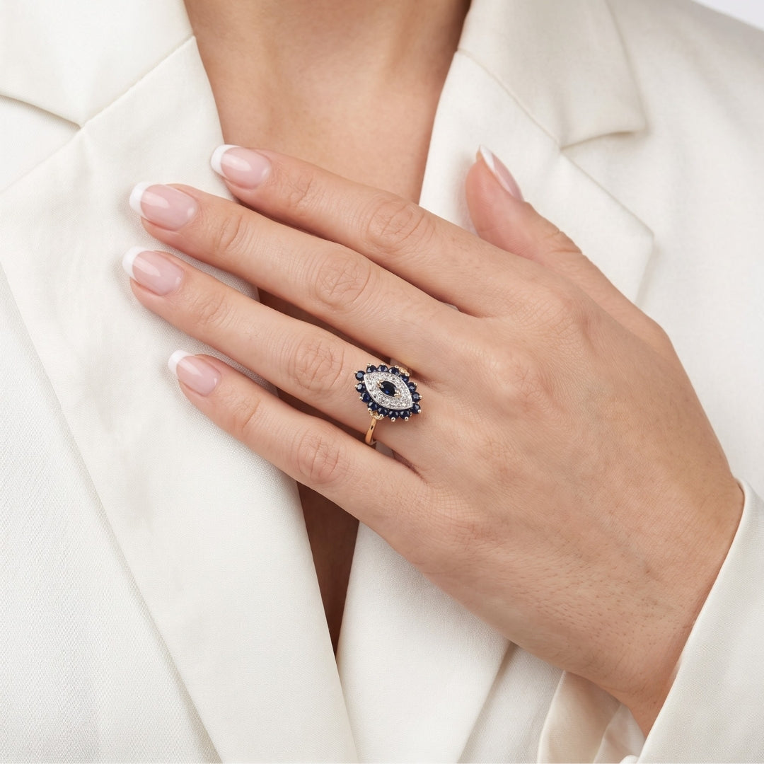 Elegant 0.26ct Sapphire and 0.02ct Natural Diamond Marquise Cluster Ring in 10K Two-Tone Gold