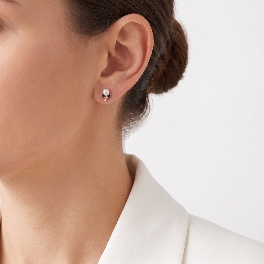 Charming Pearl and 0.12ct Sapphire Botanical Stud Earrings in 14K Yellow Gold