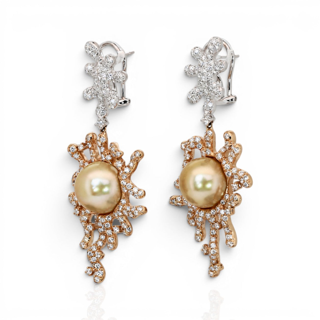 23.35 Carats IGI Certified Cultured Pearls & Diamonds 18k Rose And White Gold Drop Earrings