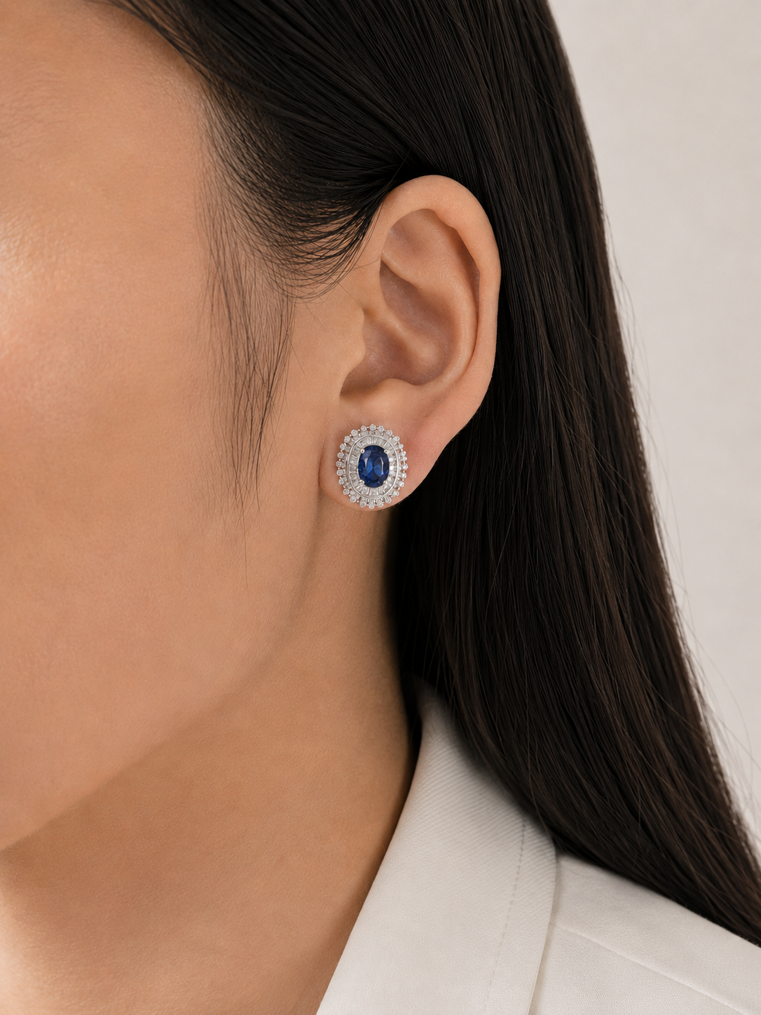 Radiant 2.40ct Sapphire and 0.68ct Natural Diamond Sunburst Earrings in 18K White Gold