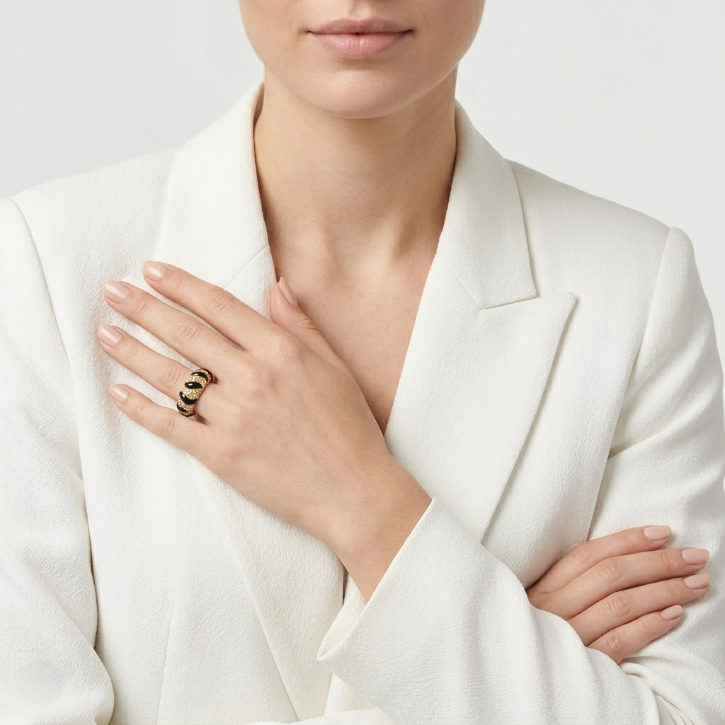 Exquisite 0.94ct Yellow Natural Diamond and Black Onyx Swirl Ring in 18K Rose Gold