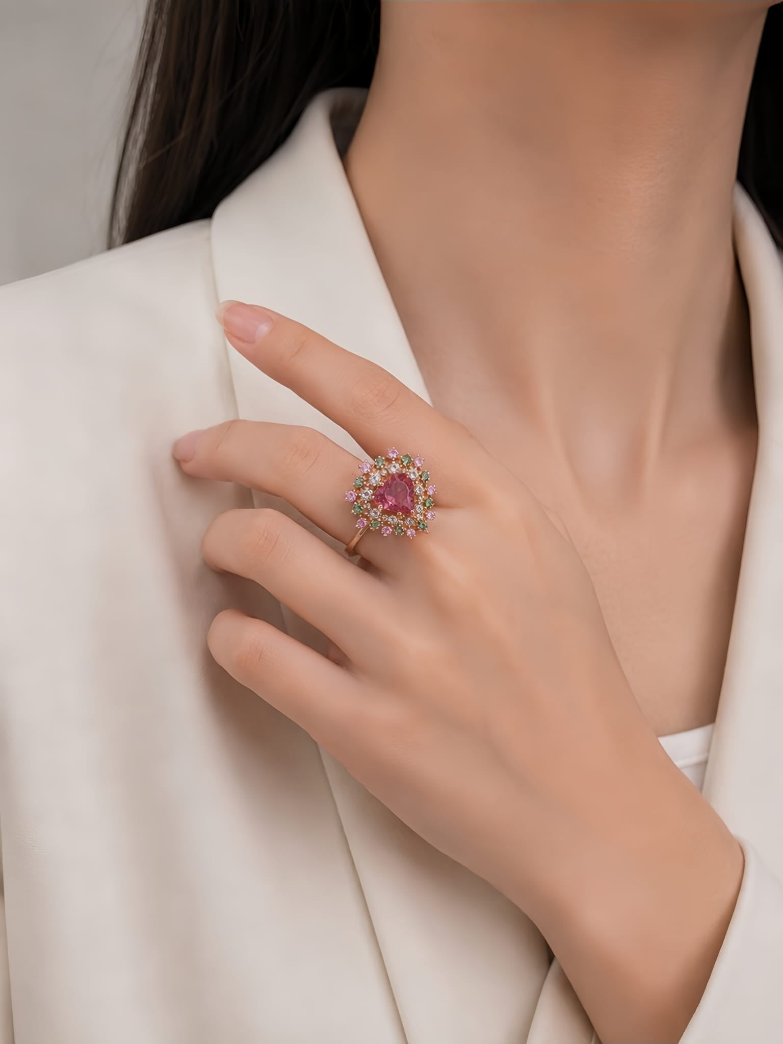 Breathtaking 1.80ct Tourmaline, 0.54ct Sapphire, 0.18ct Tsavorite Garnet and 0.19ct Natural Diamond Heart Cluster Ring in 18K Rose Gold