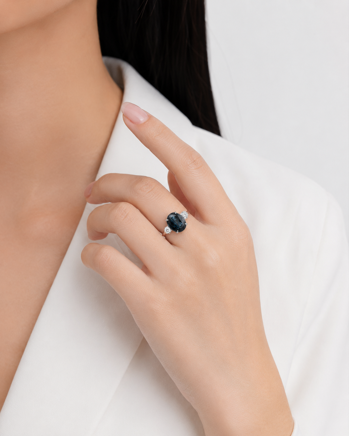 Striking 6.00ct Blue Topaz and 0.36ct Natural Diamond Three-Stone Ring in 18K White Gold