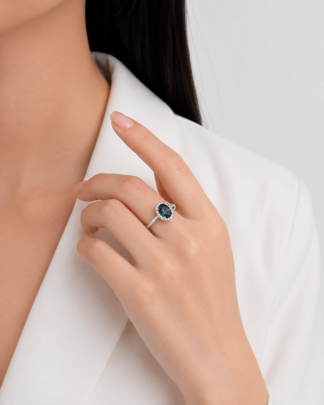 Mesmerizing 1.04ct Greenish Blue Sapphire and 0.09ct Natural Diamond Halo Ring in 18K White Gold - ICL Certified