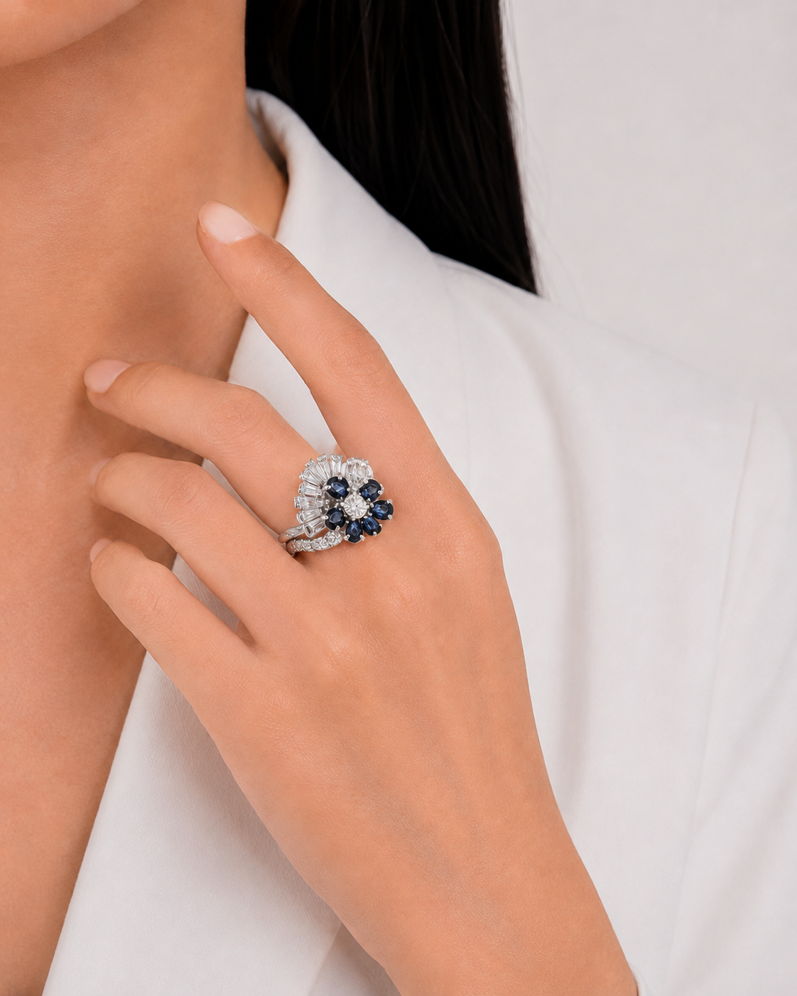 Opulent 0.66ct Sapphire and 0.62ct Natural Diamond Spray Ring in 18K White Gold