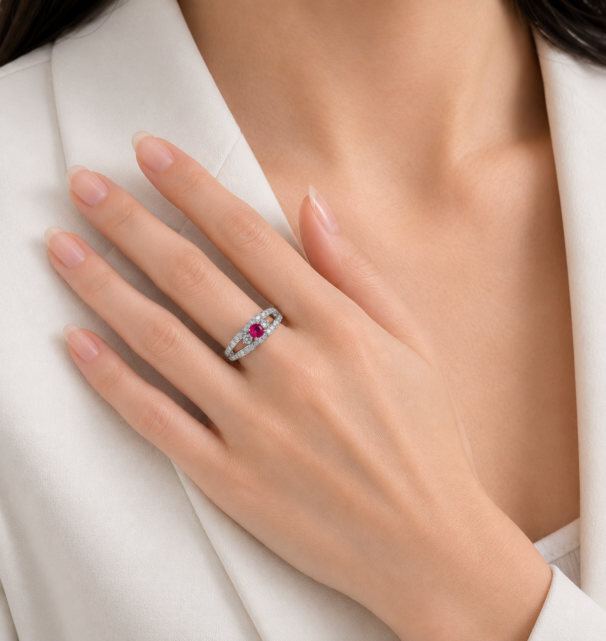 Captivating 0.55ct Ruby and 0.70ct Natural Diamond Split Shank Ring in 18K White Gold