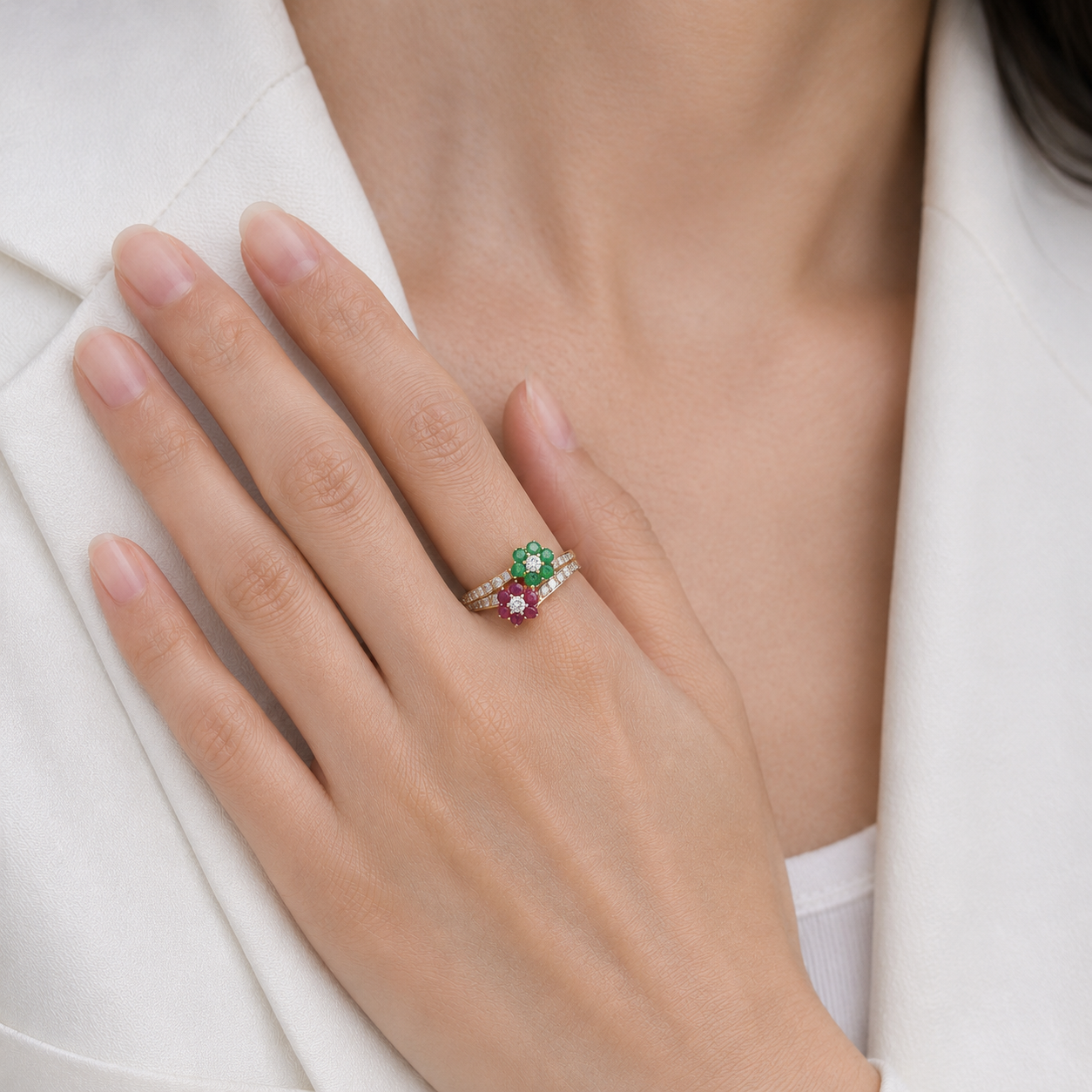 Enchanting 0.09ct Emerald, 0.09ct Ruby and 0.13ct Natural Diamond Floral Bypass Ring in 18K Yellow Gold
