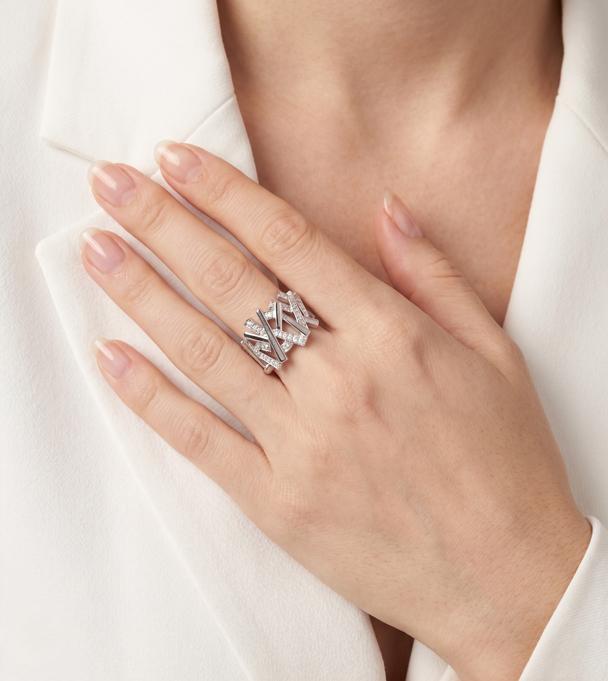 Spectacular 0.61ct Natural Diamond Geometric Statement Ring in 18K White Gold - IGI Certified
