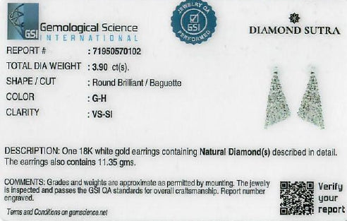 Spectacular 3.90ct Natural Diamond Geometric Drop Earrings in 18K White Gold - GSI Certified