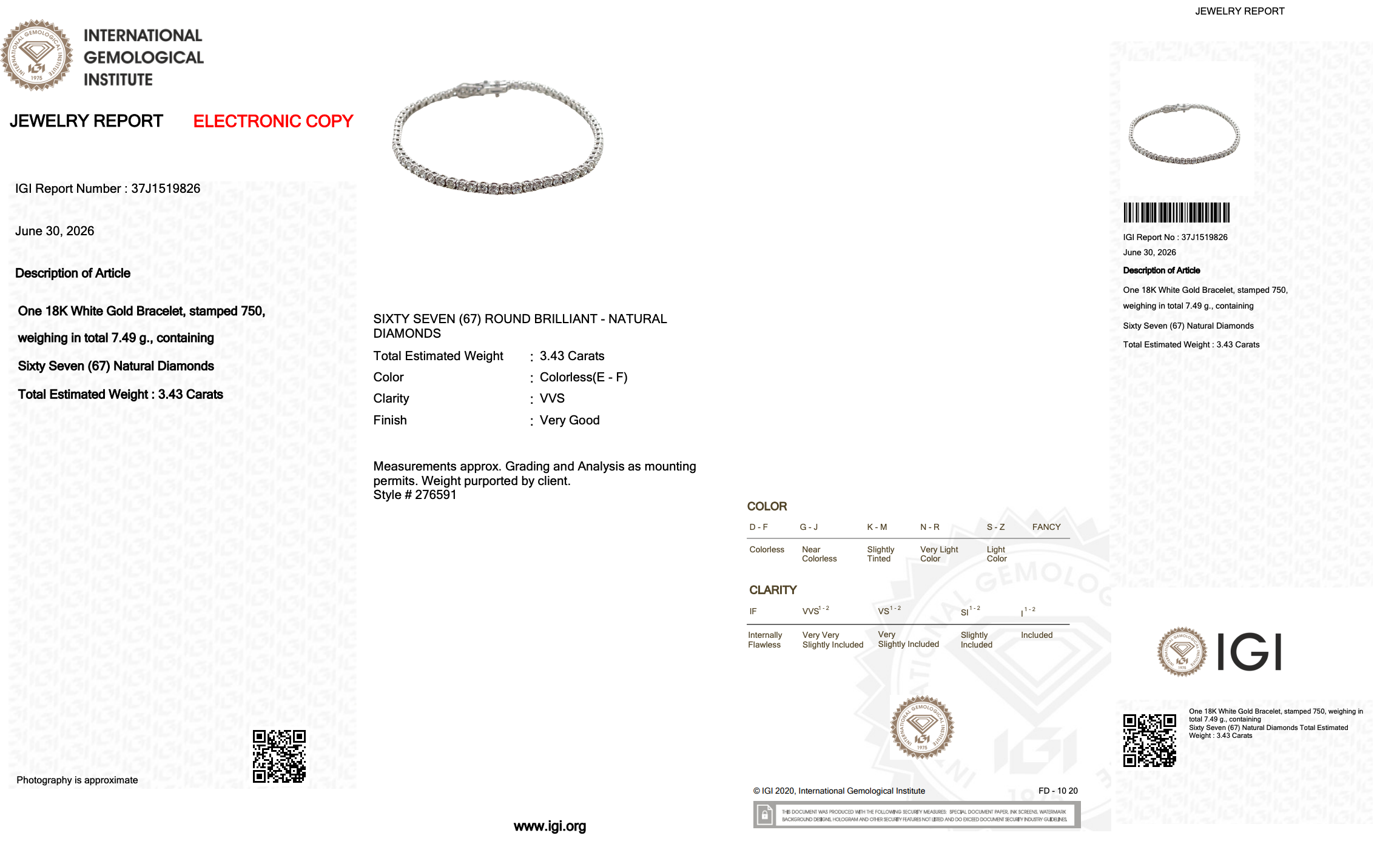 3.43 Carats IGI Certified Natural Diamonds 18k White Gold Tennis Bracelet