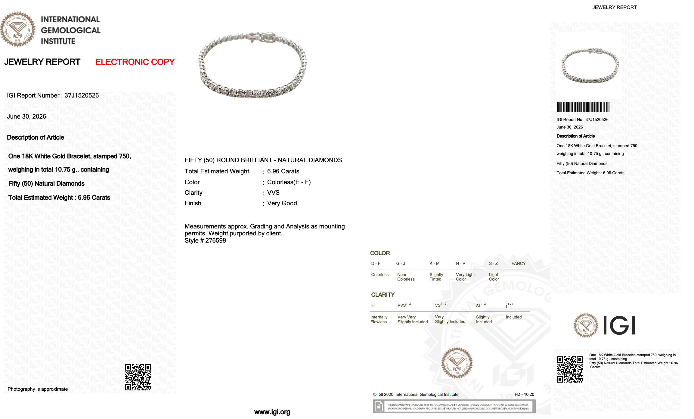 6.96 Carats IGI Certified Natural Diamonds 18k White Gold Tennis Bracelet