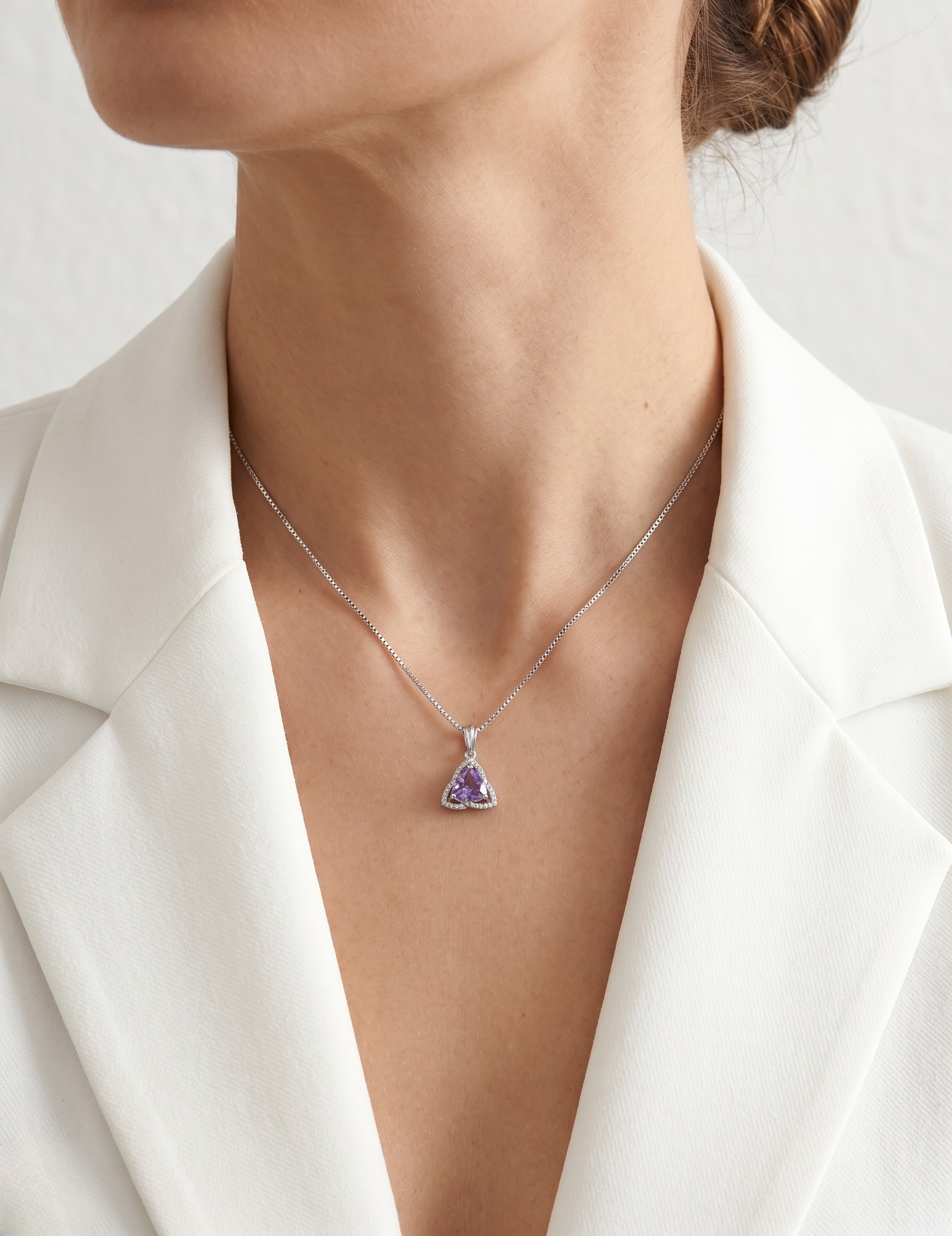 Radiant 0.80ct Amethyst and 0.13ct Natural Diamond Halo Necklace in 9K White Gold
