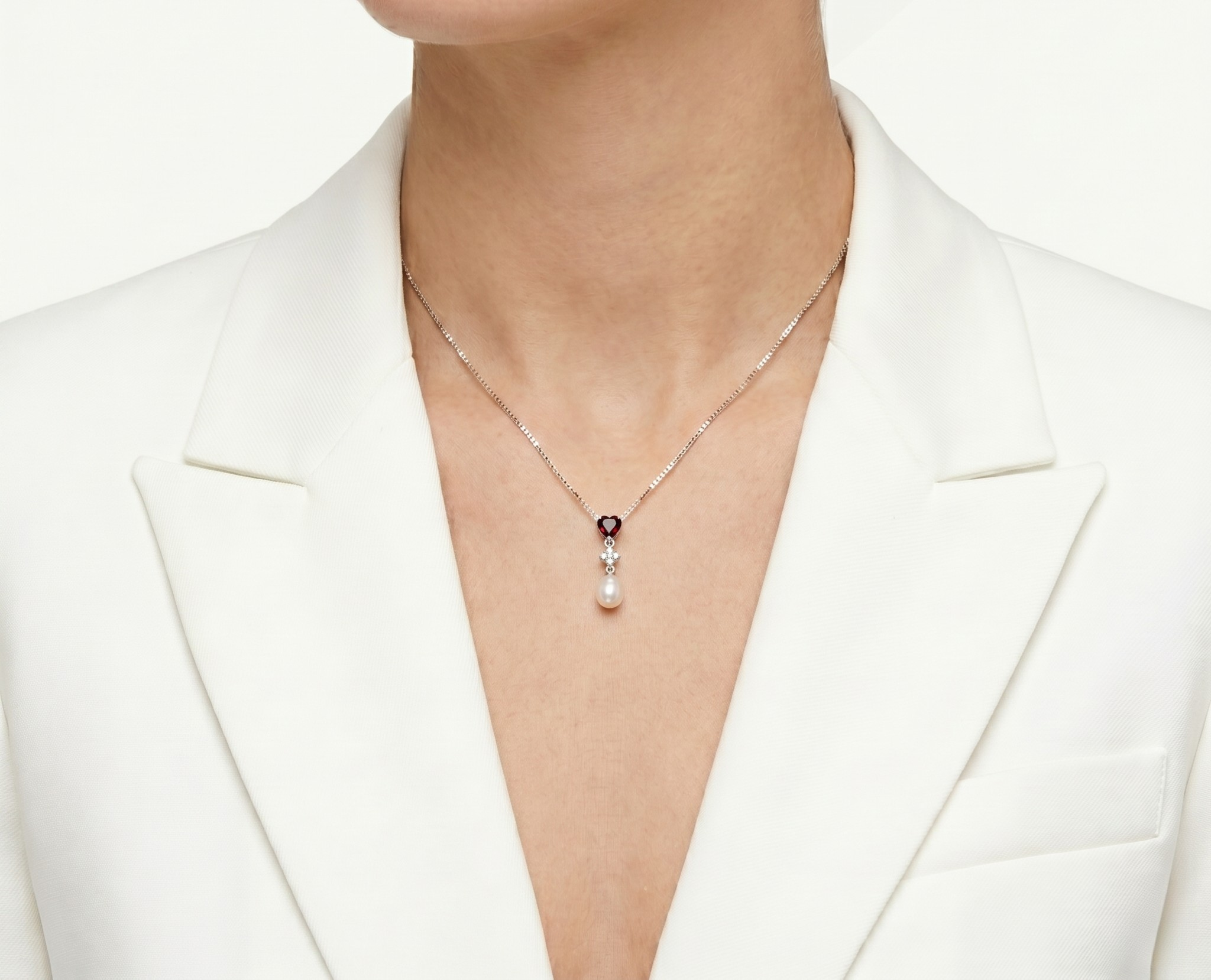 Romantic 0.35ct Garnet, 0.02ct Natural Diamond and Fresh Water Pearl Drop Necklace in 14K White Gold