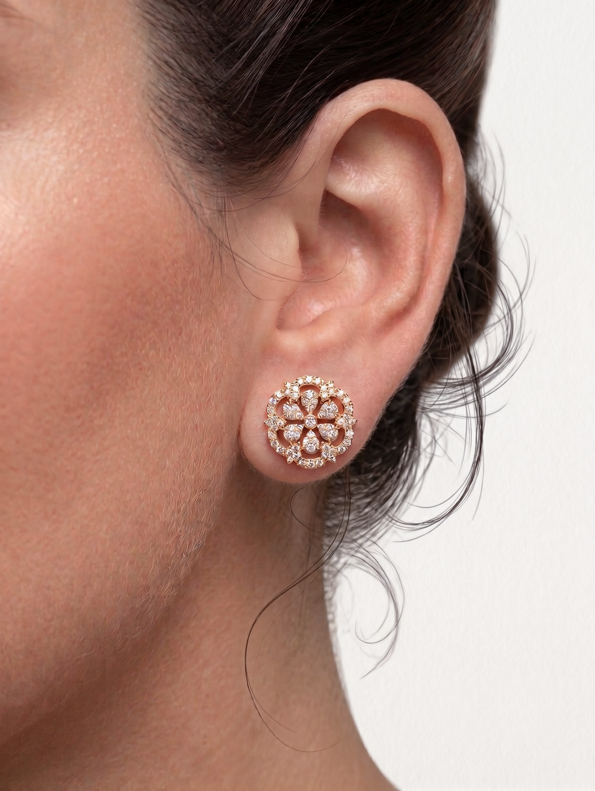 Ornate 0.50ct Natural Diamond Filigree Rosette Stud Earrings in 18K Yellow Gold