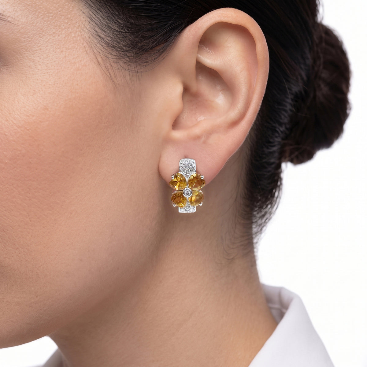 Radiant 2.40ct Citrine and 0.34ct Natural Diamond Flower Hoop Earrings in 18K White Gold