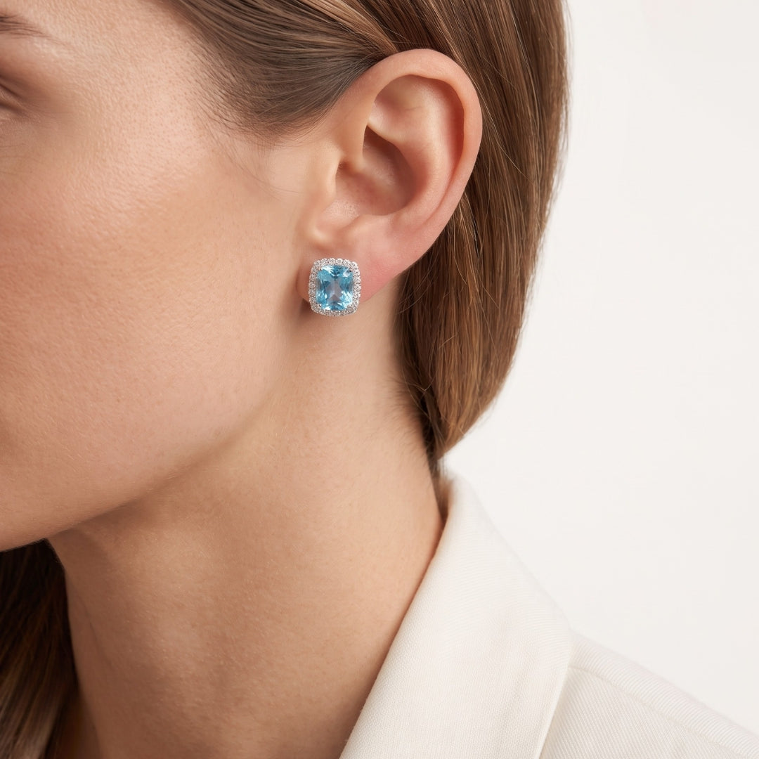 Luminous 10.00ct Swiss Blue Topaz and 0.40ct Natural Diamond Halo Stud Earrings in 18K White Gold