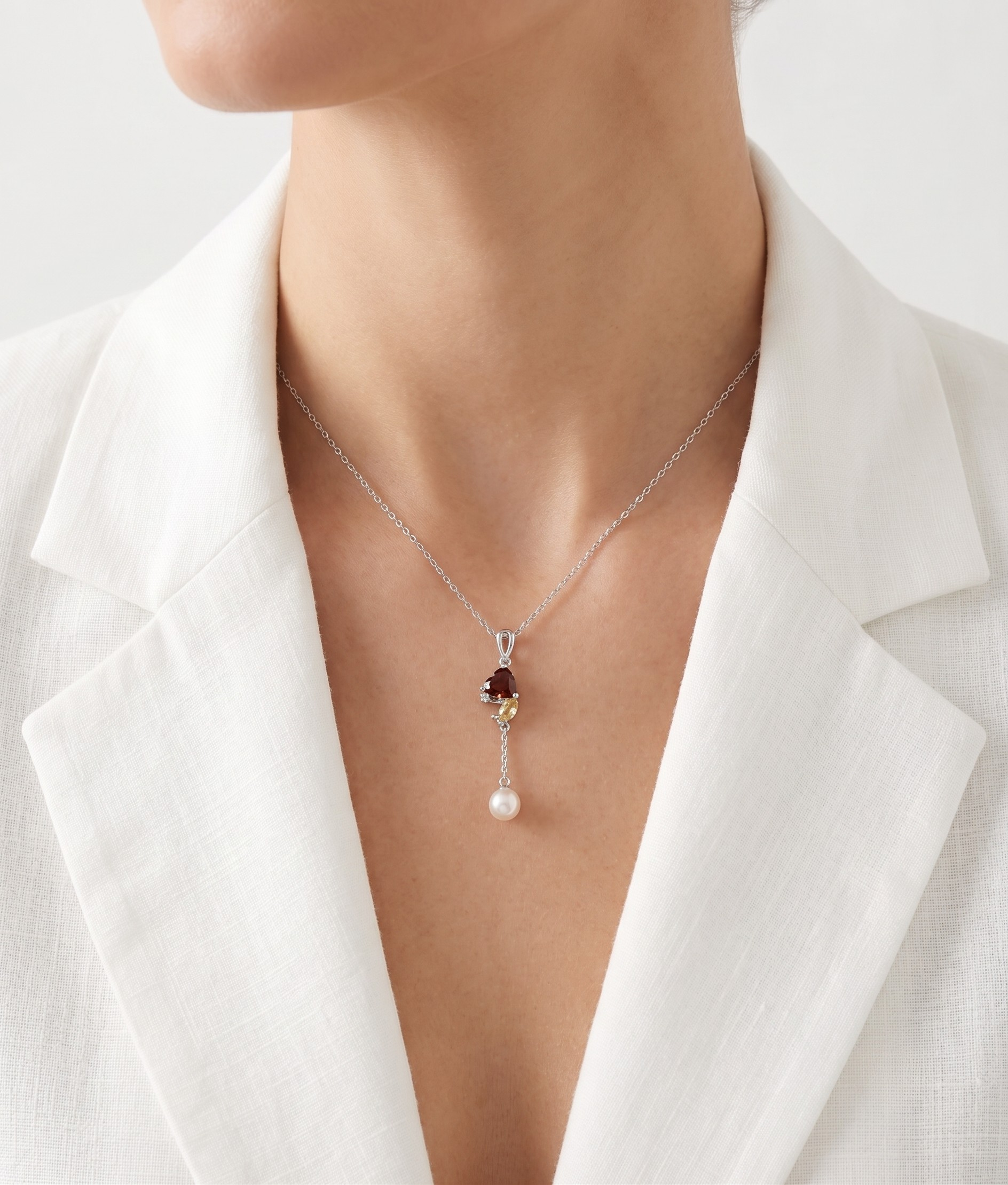Delicate 0.60ct Garnet, 0.10ct Citrine and Pearl Drop Pendant Necklace in 14K White Gold