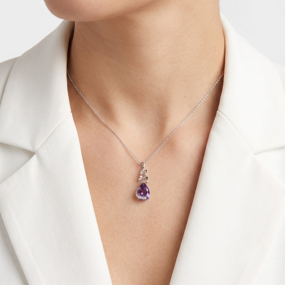 Elegant 2.20ct Amethyst and 0.07ct Natural Diamond Ribbon Scroll Drop Pendant in 18K White Gold