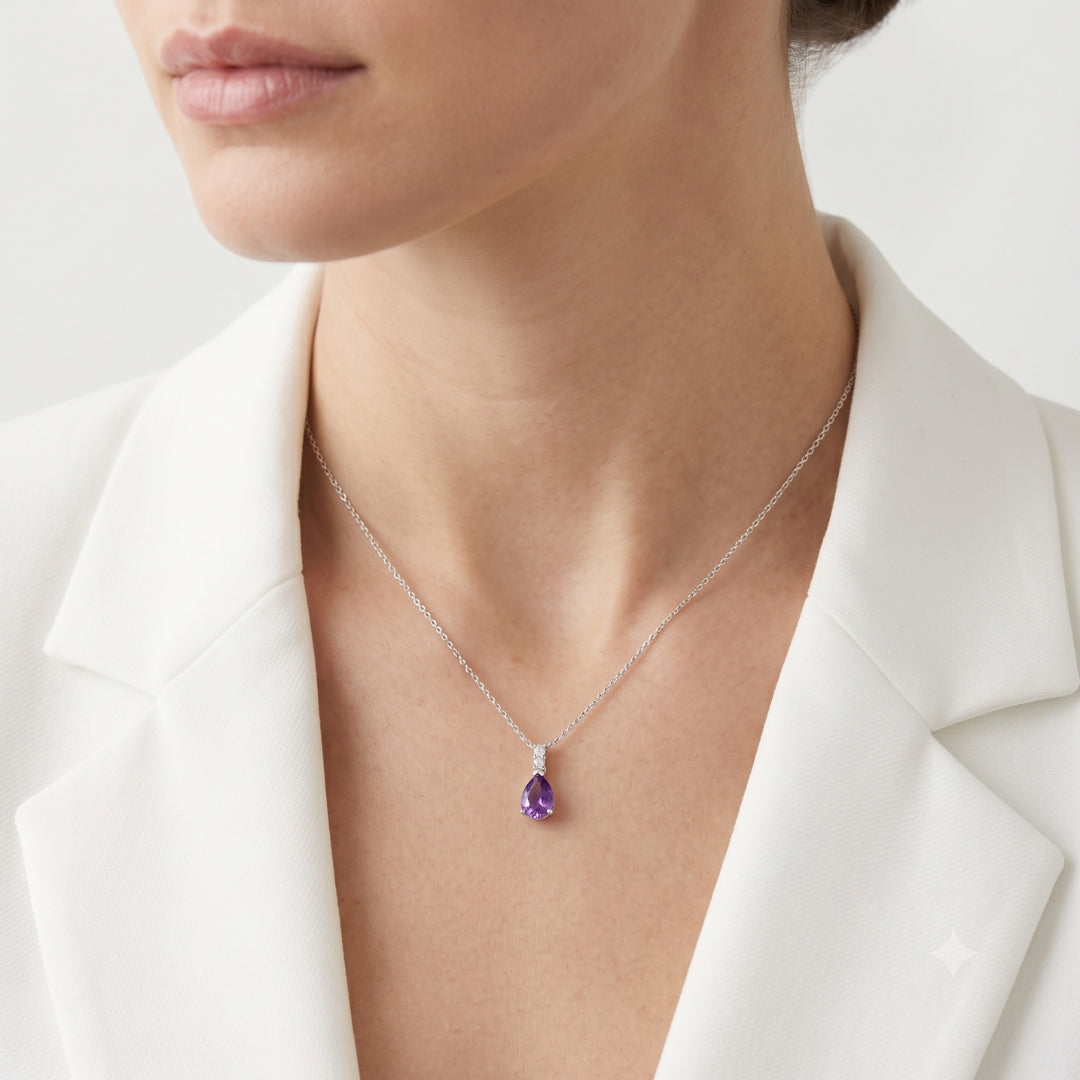 Delicate 1.50ct Amethyst and 0.03ct Natural Diamond Pendant in 18K White Gold