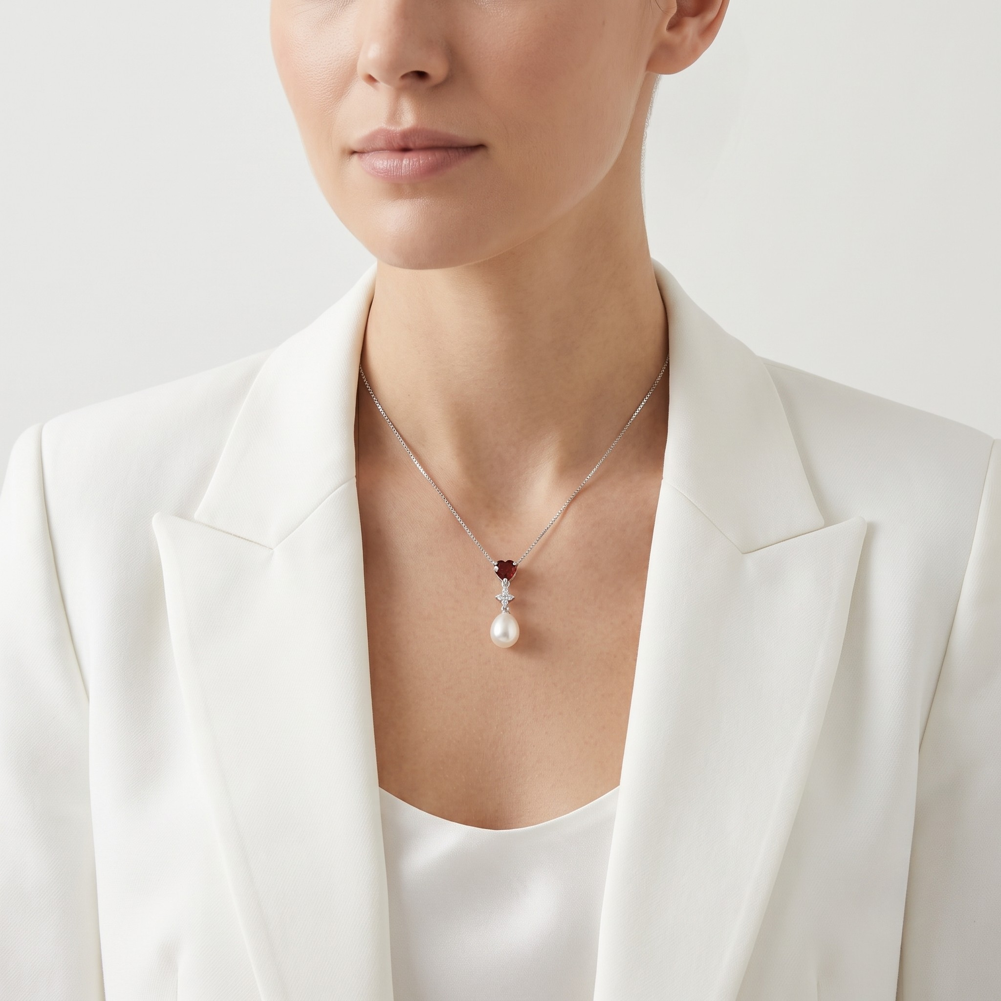 Enchanting 0.30ct Garnet, Pearl and 0.02ct Natural Diamond Drop Pendant Necklace in 14K White Gold
