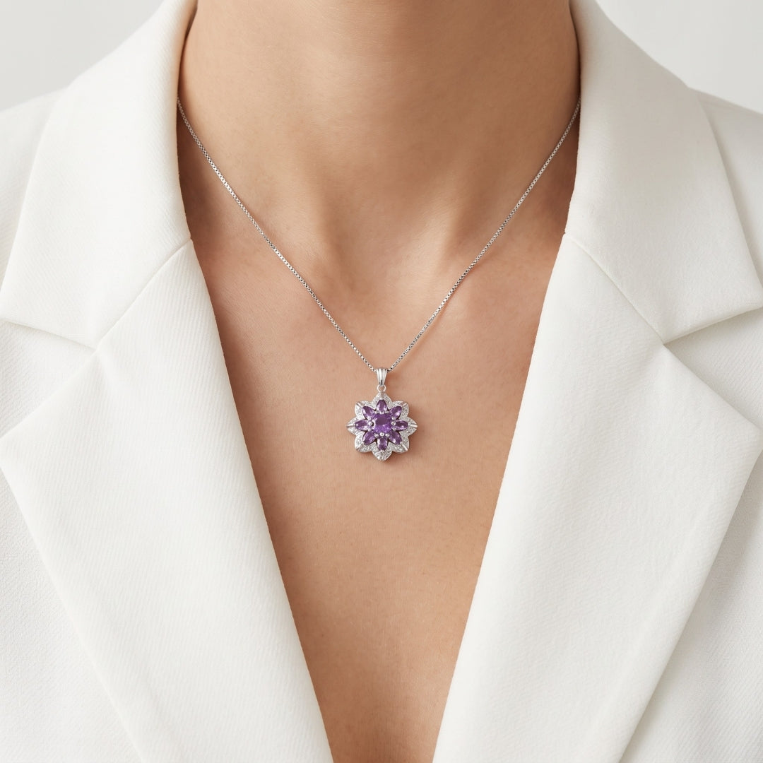 Enchanting 1.16ct Amethyst and 0.05ct Natural Diamond Floral Blossom Pendant Necklace in 14K White Gold