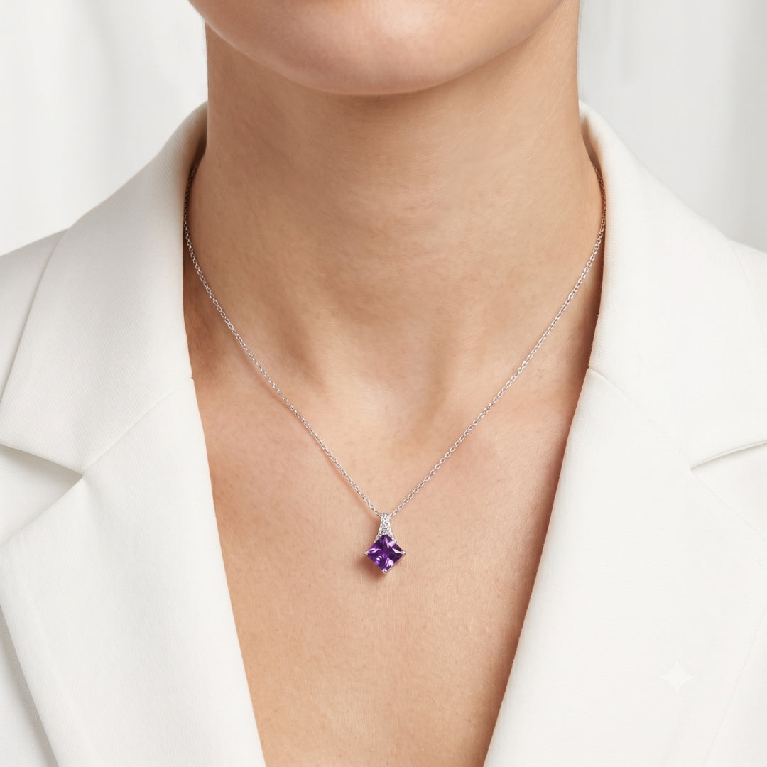 Elegant 2.40ct Amethyst and 0.01ct Natural Diamond Princess Cut Pendant in 18K White Gold