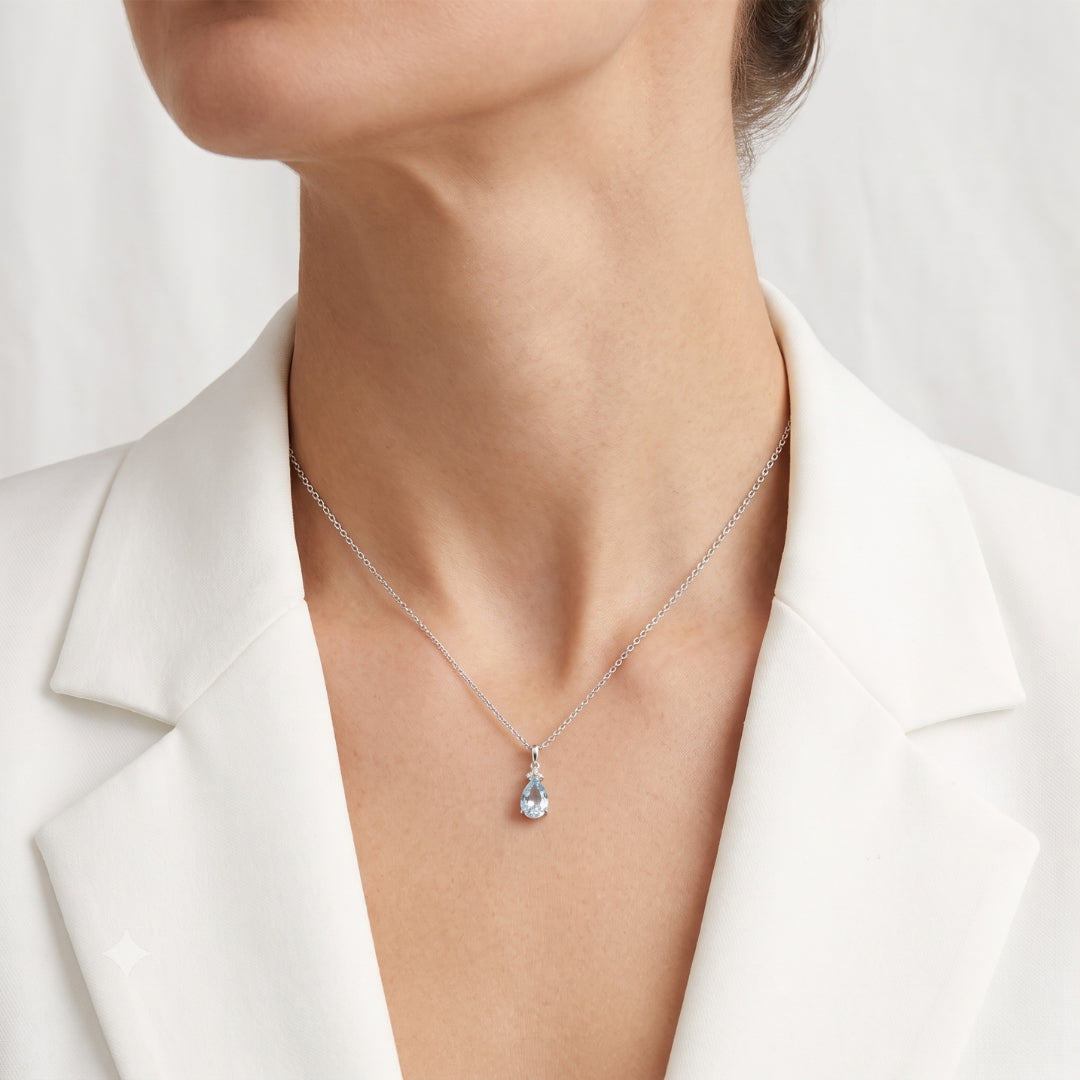 Elegant 1.30ct Aquamarine and 0.03ct Natural Diamond Floral Drop Pendant in 18K White Gold