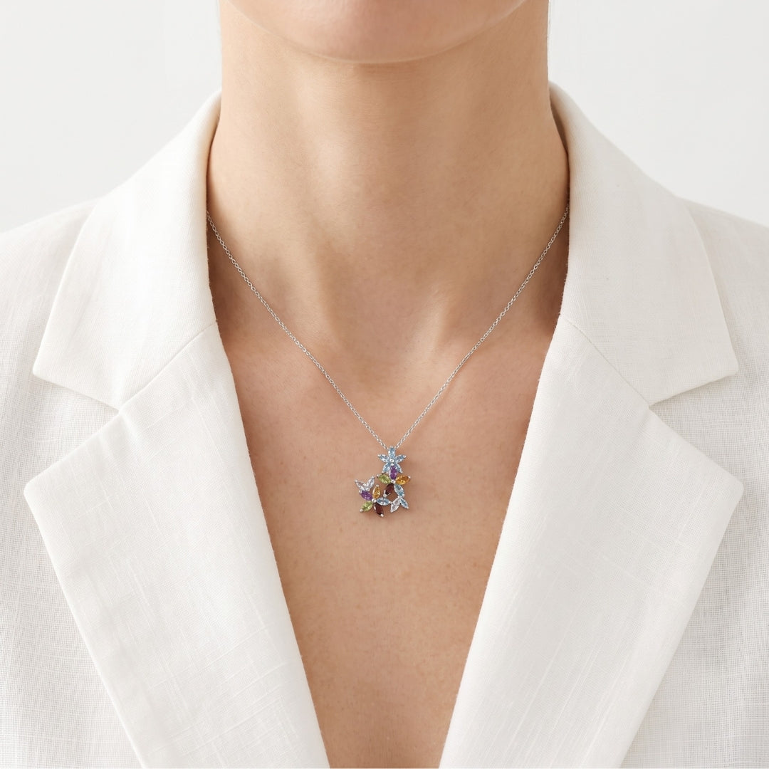 Vibrant 0.55ct Blue Topaz and 0.40ct Multi-Gemstone Bouquet Cluster Pendant in 18K White Gold