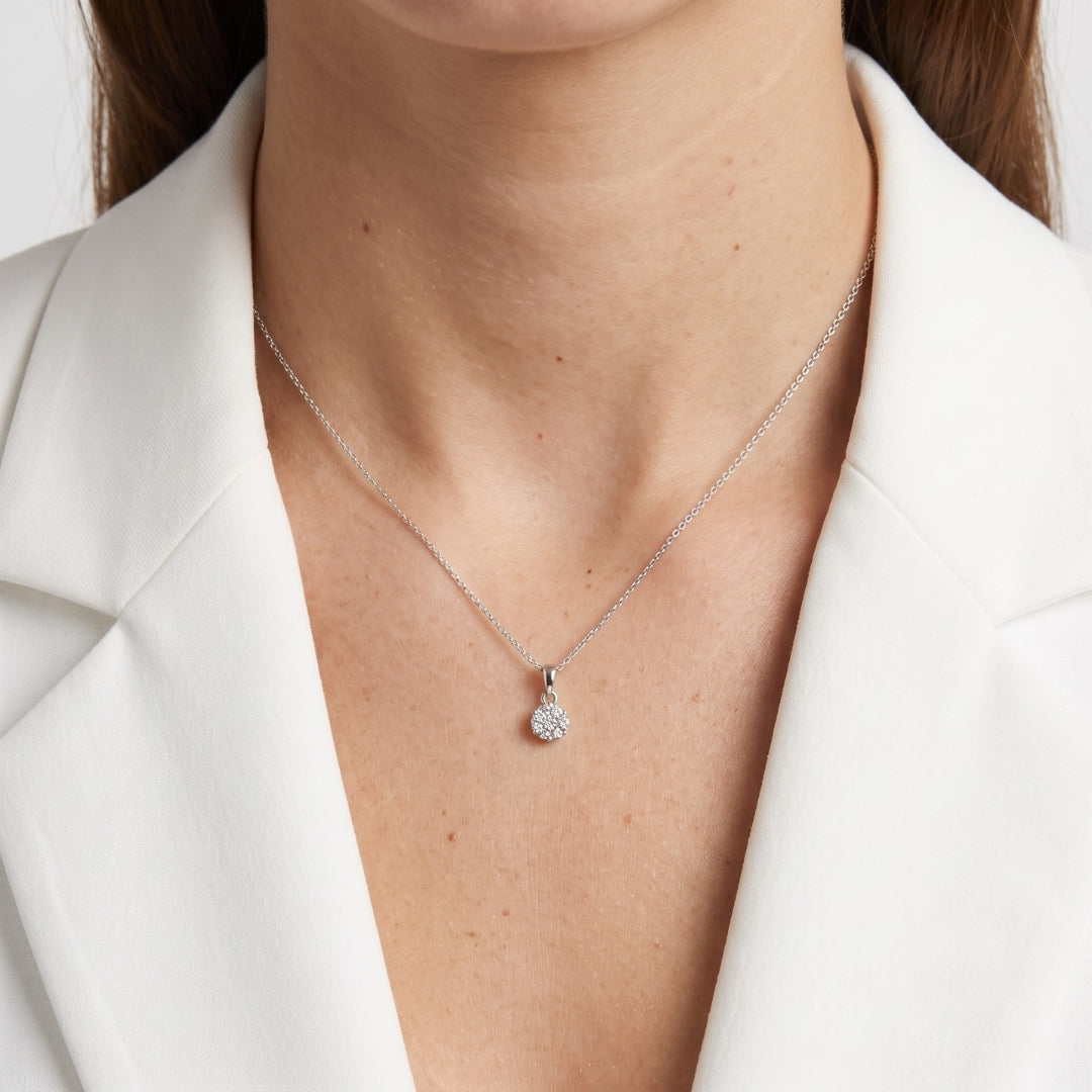 Delicate 0.10ct Natural Diamond Classic Flower Cluster Pendant in 18K White Gold